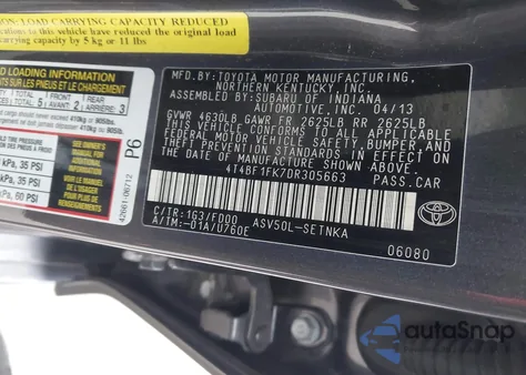 2013 Toyota Camry Le из США, поврежденный, VIN 4T4BF1FK7DR305663